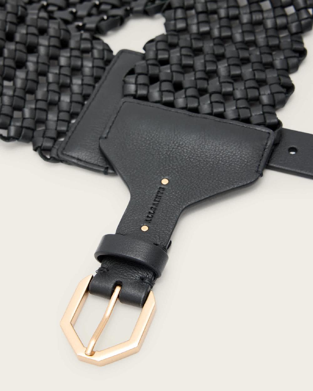 All Saints Mathilde Woven Leather Waist Belt BLACK/WARM BRASS