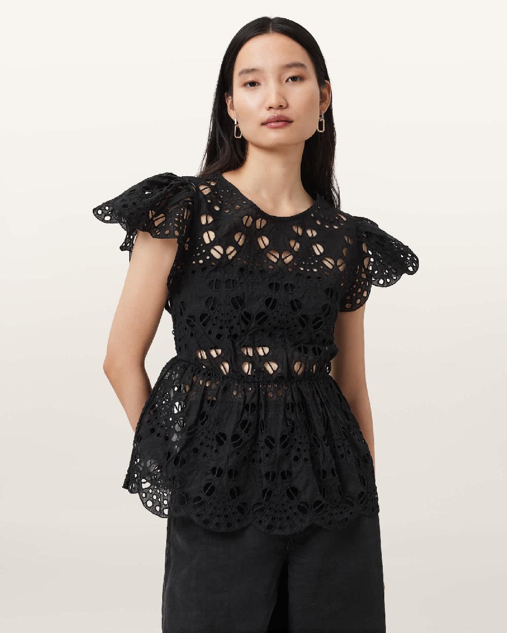 All Saints Meadow Embroidered Short Sleeve Top Black