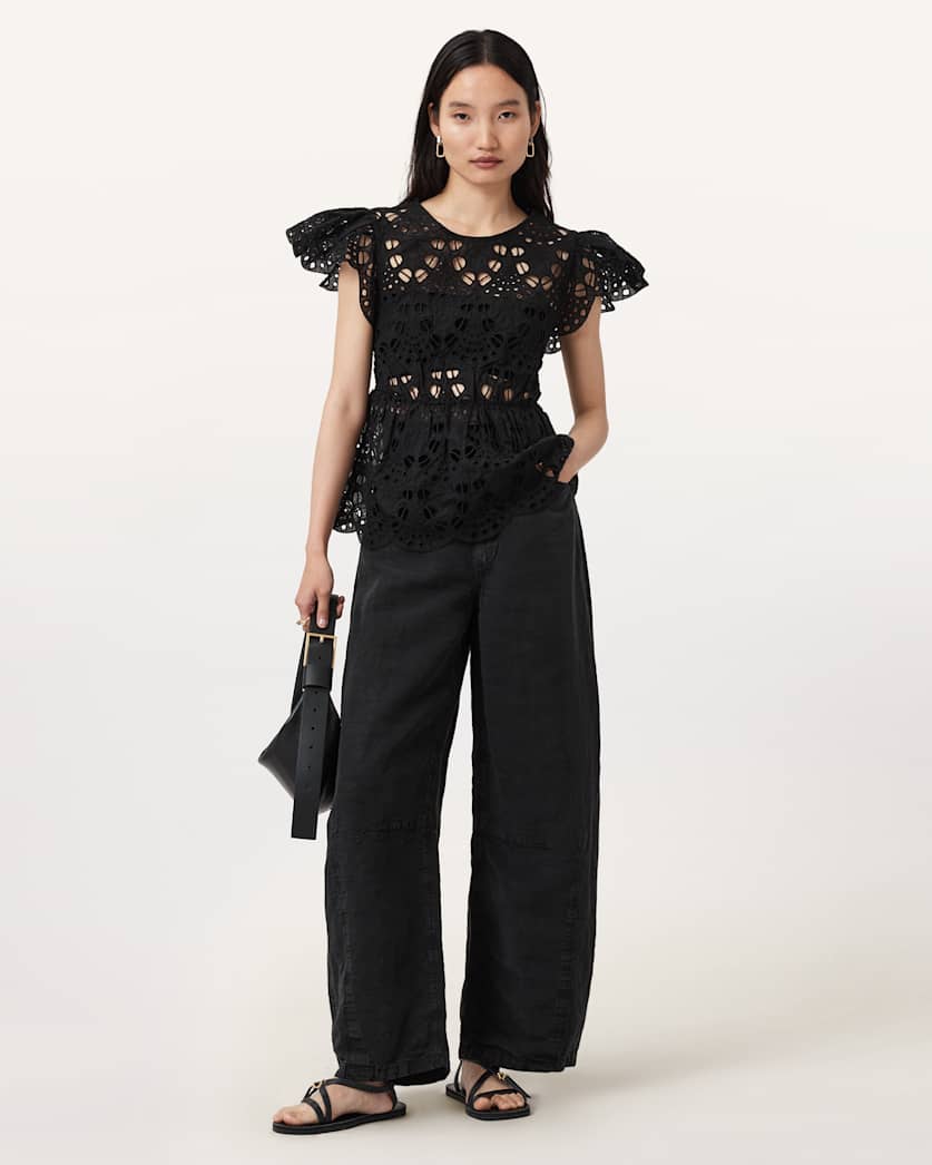 All Saints Meadow Embroidered Short Sleeve Top Black