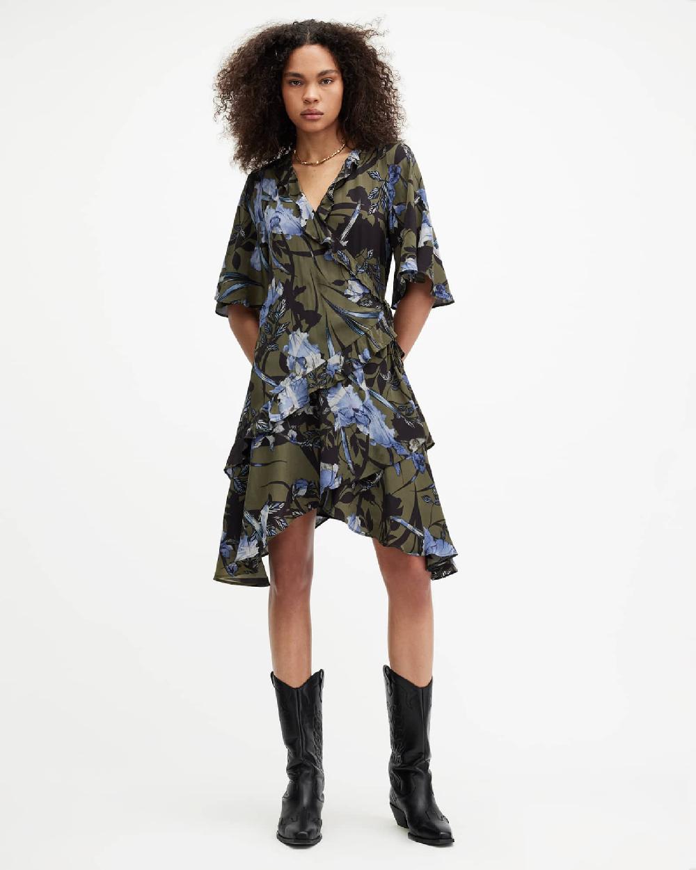 All Saints Meagan Batu Wrap Over Mini Dress Deep Khaki Green