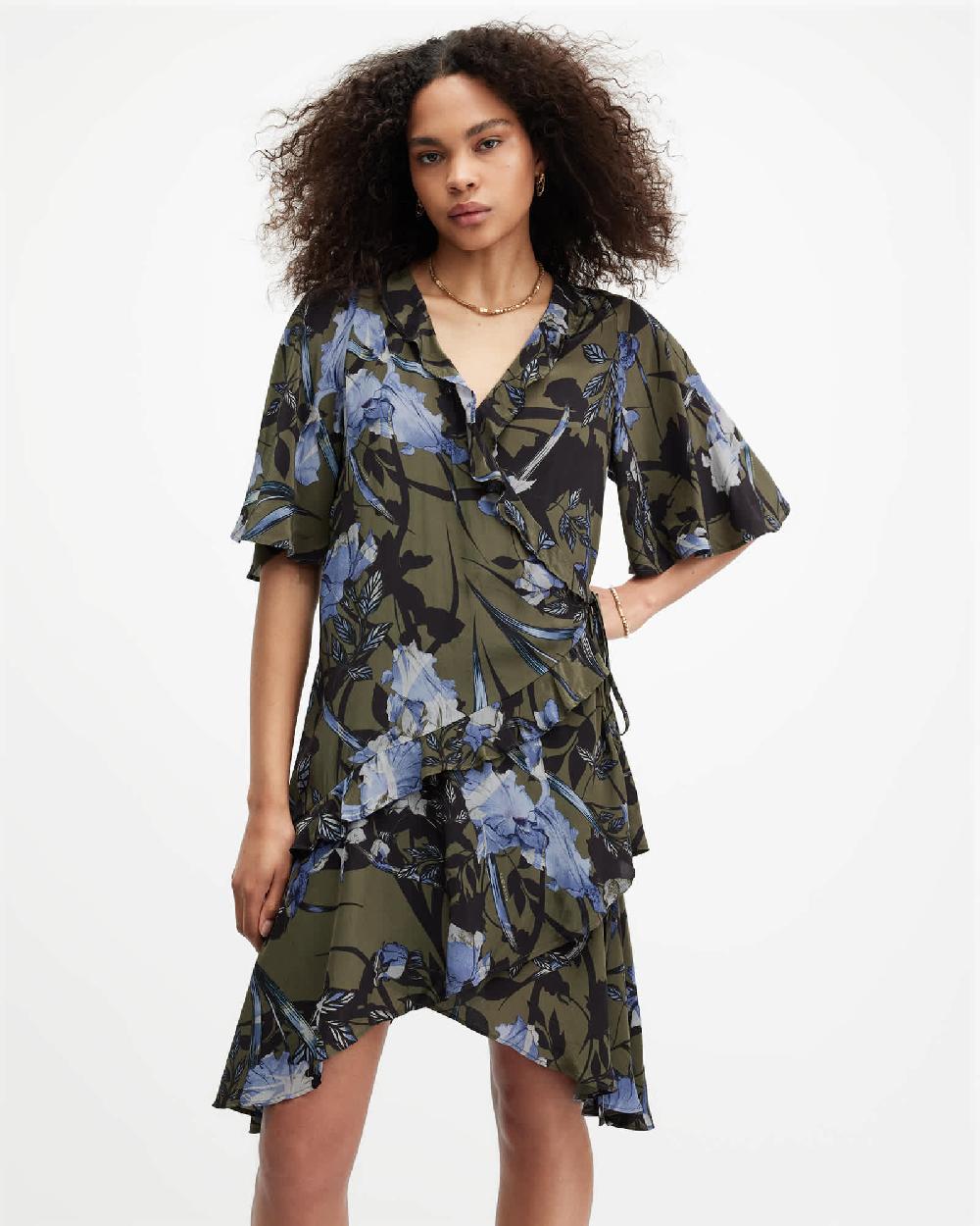 All Saints Meagan Batu Wrap Over Mini Dress Deep Khaki Green