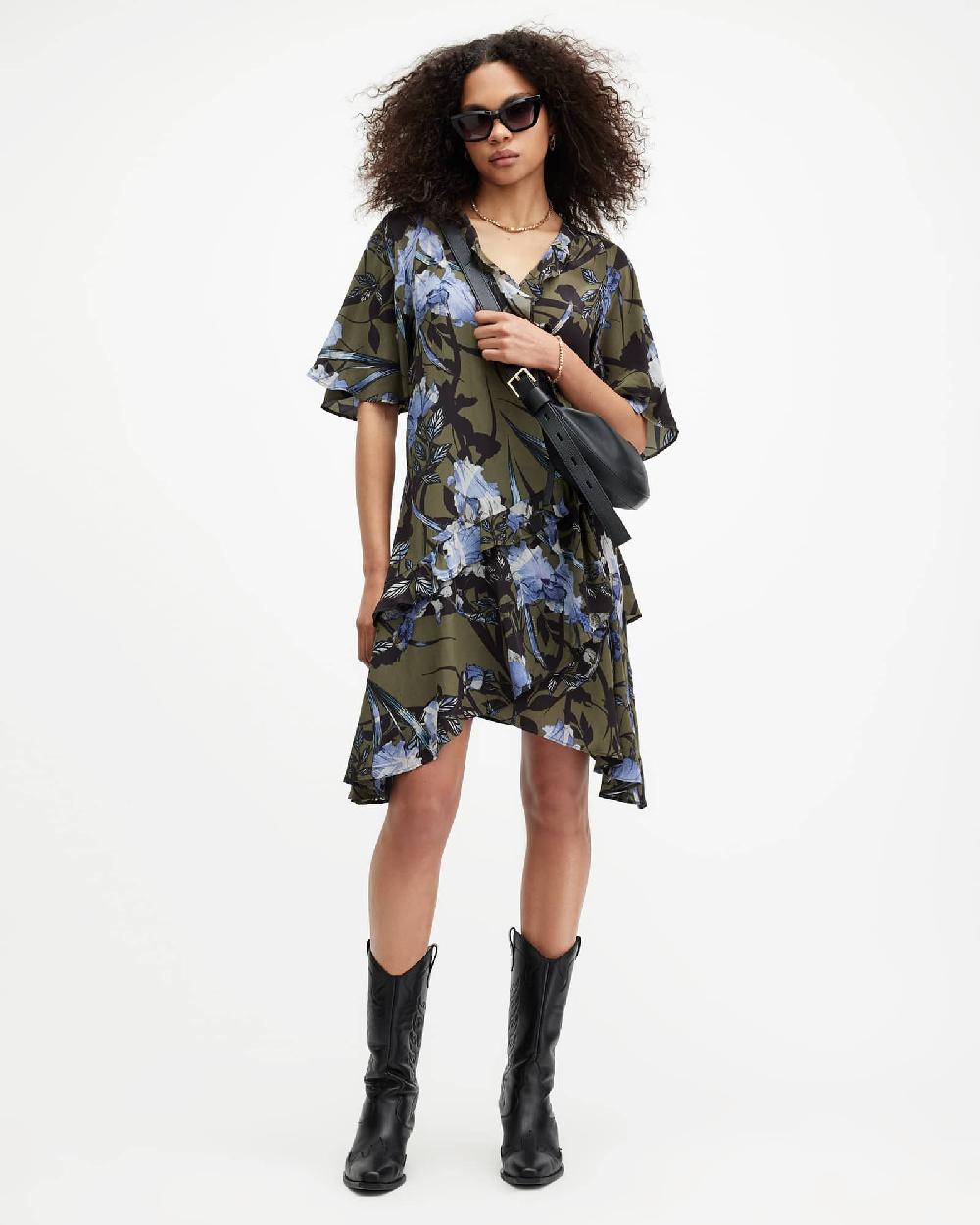 All Saints Meagan Batu Wrap Over Mini Dress Deep Khaki Green