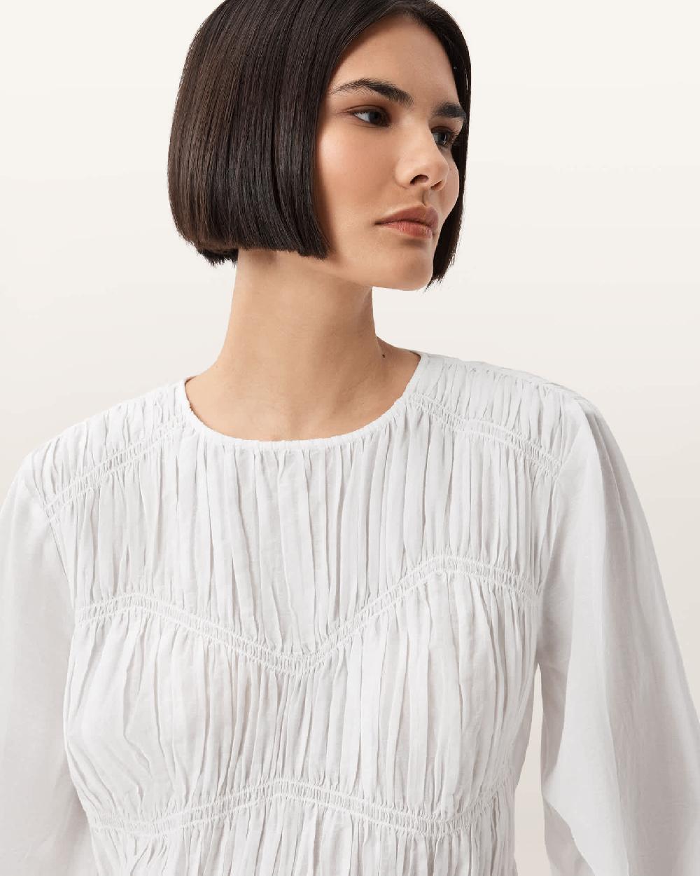 All Saints Melani Round Neck Gathered Top Antique White