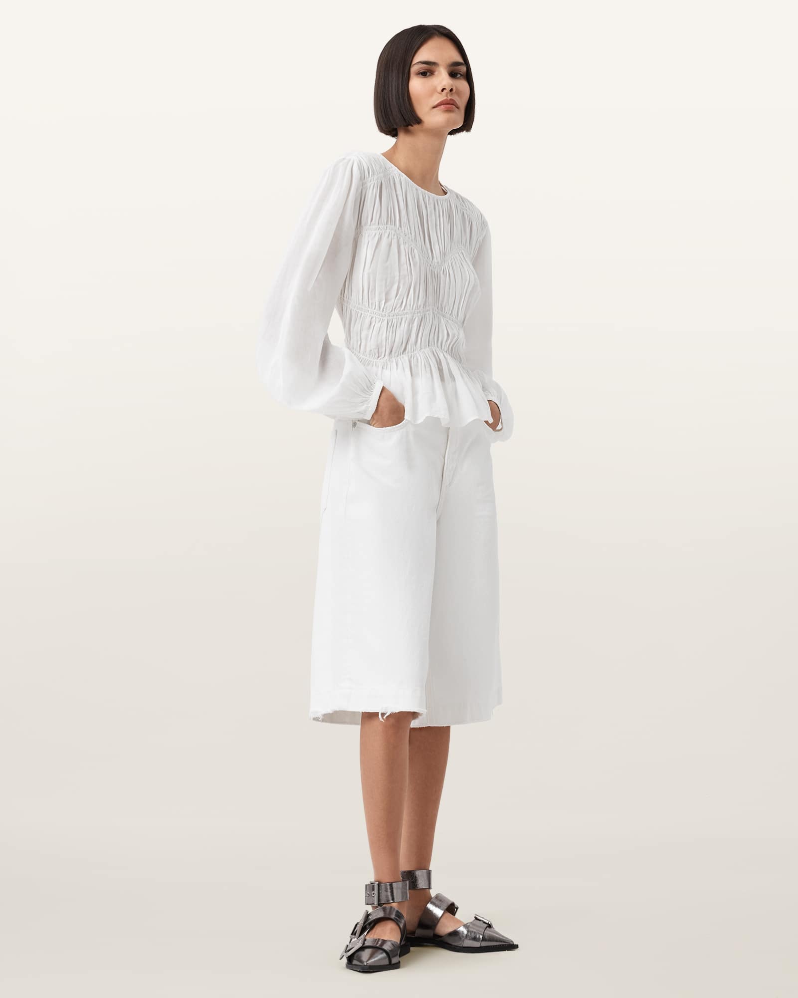 All Saints Melani Round Neck Gathered Top Antique White