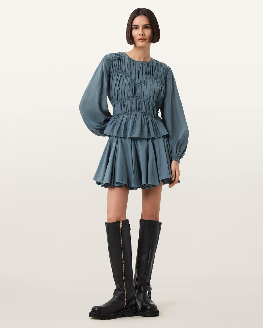 All Saints Melani Round Neck Gathered Top DARK SLATE BLUE