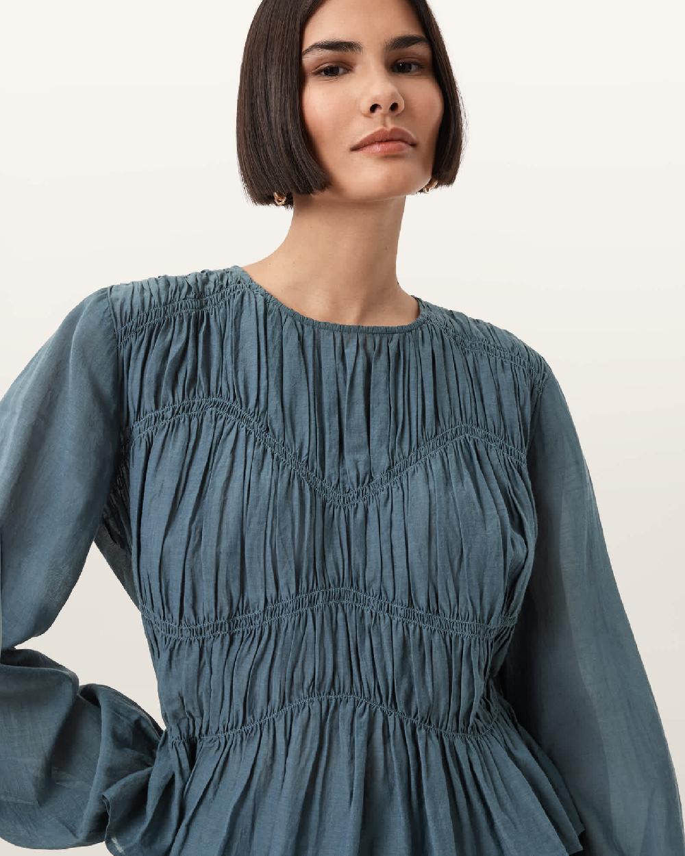 All Saints Melani Round Neck Gathered Top DARK SLATE BLUE