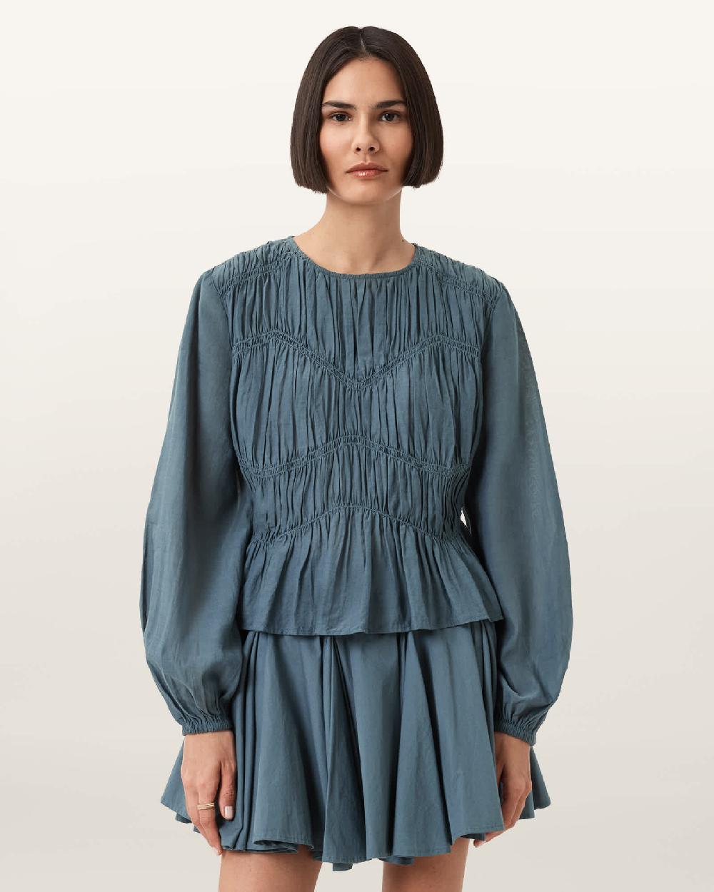 All Saints Melani Round Neck Gathered Top DARK SLATE BLUE