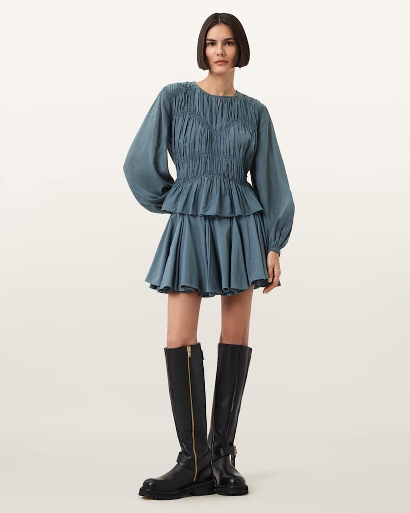 all saints Melani Round Neck Gathered Top DARK SLATE BLUE