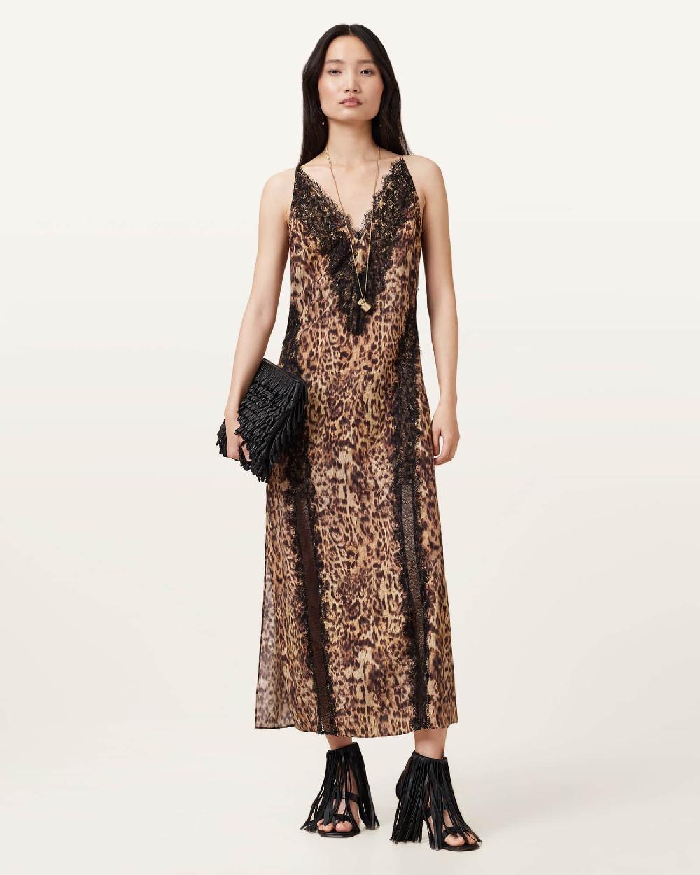 All Saints Melia Leopard Print Maxi Dress Evia Golden Brown