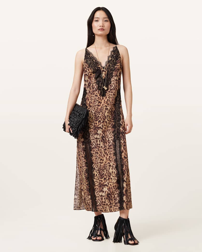 all saints Melia Leopard Print Maxi Dress Evia Golden Brown