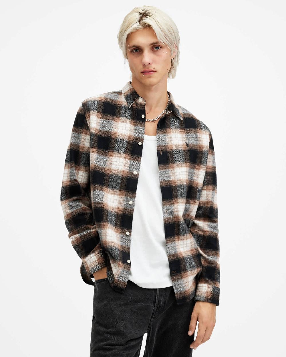 All Saints Mercy Checked Relaxed Fit Ramskull Shirt Rusty Orange