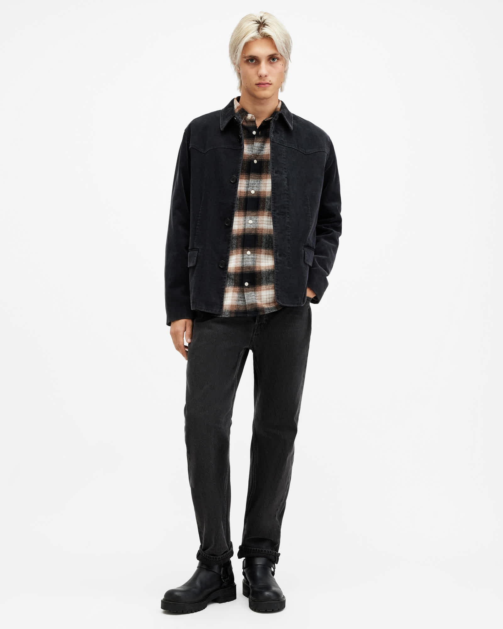 All Saints Mercy Checked Relaxed Fit Ramskull Shirt Rusty Orange