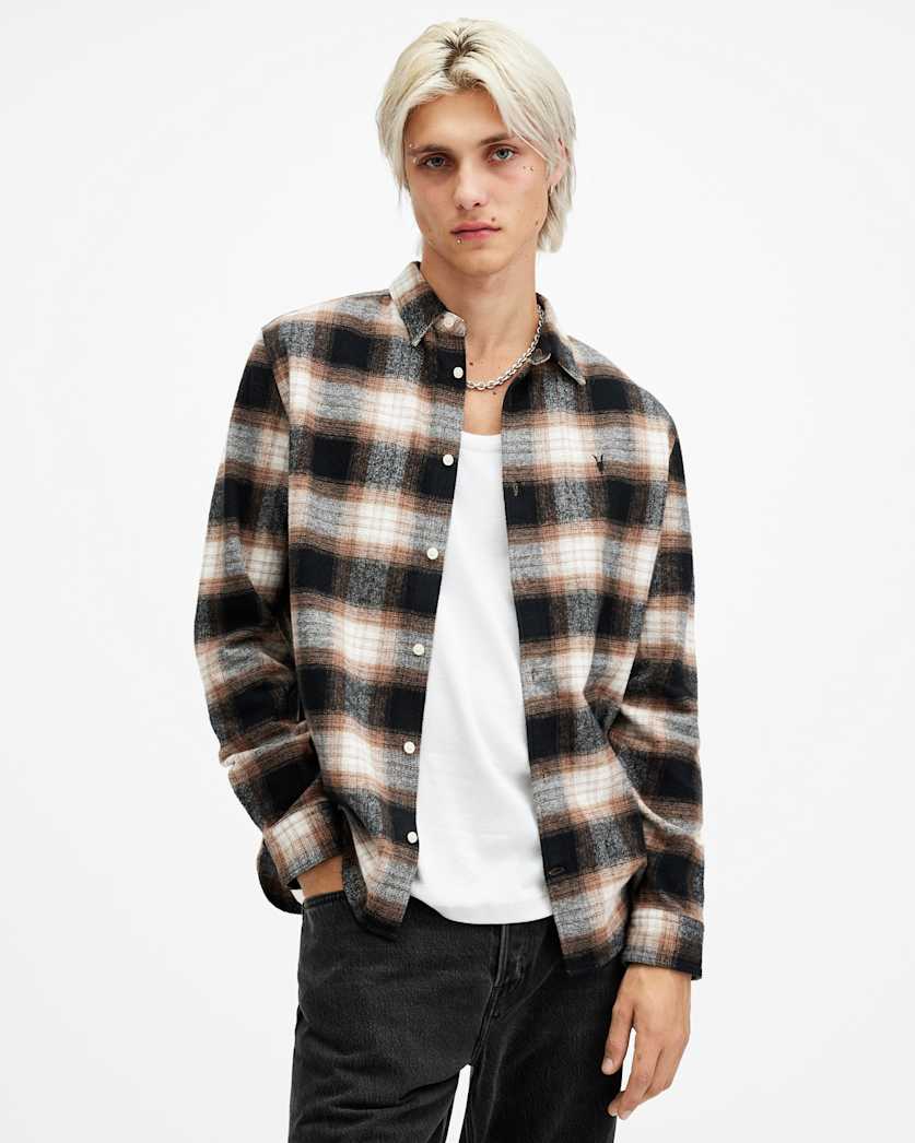 all saints Mercy Checked Relaxed Fit Ramskull Shirt Rusty Orange