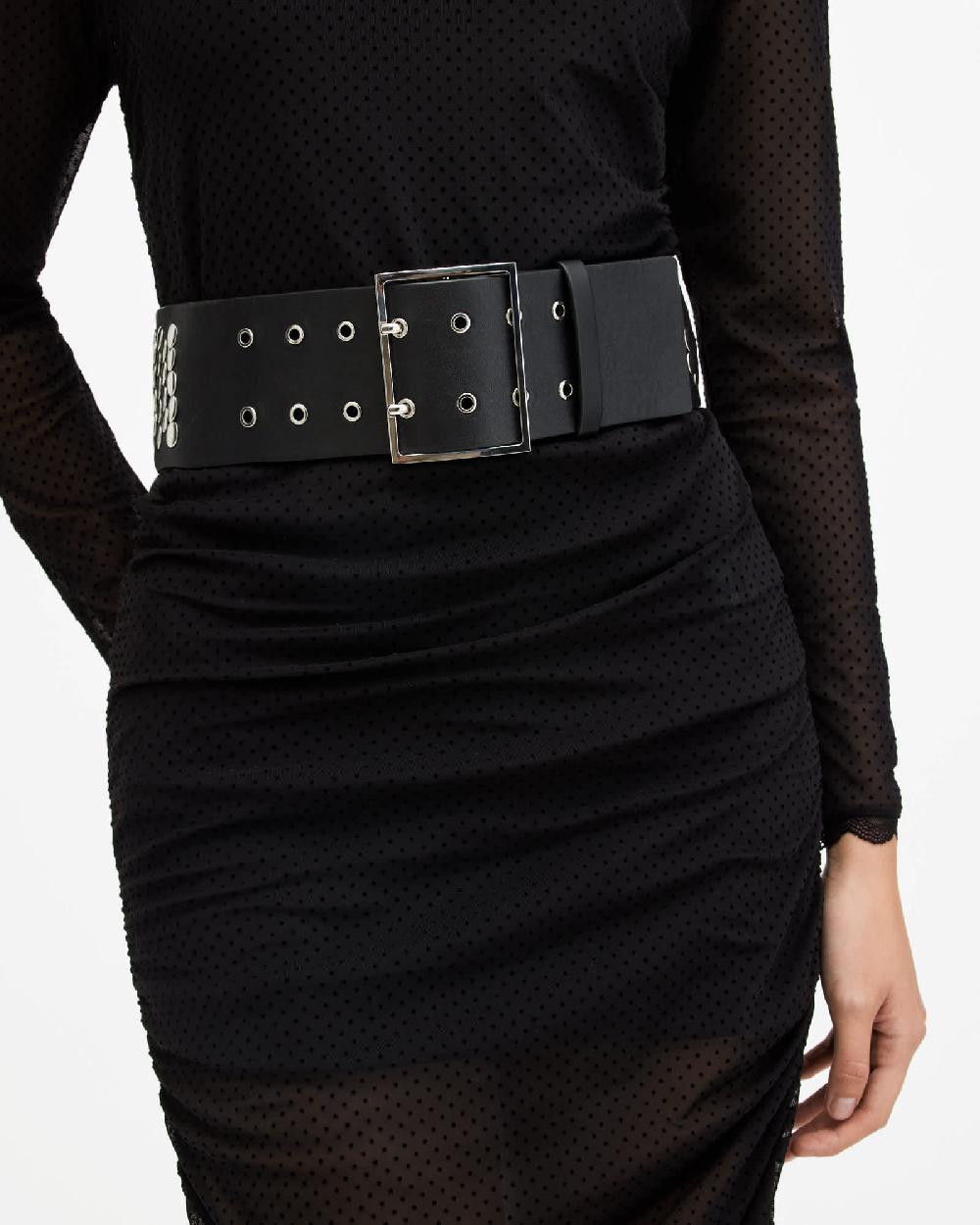 All Saints Meredith Studded Wide Leather Belt BLACK/SHINY NICKEL