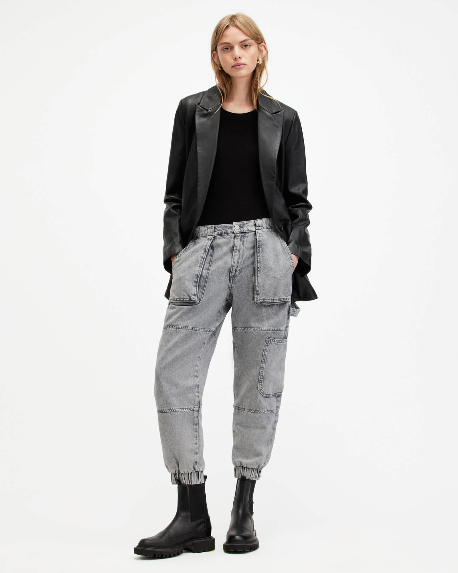 All Saints Mila Denim Slim Fit Panelled Pants Washed Grey