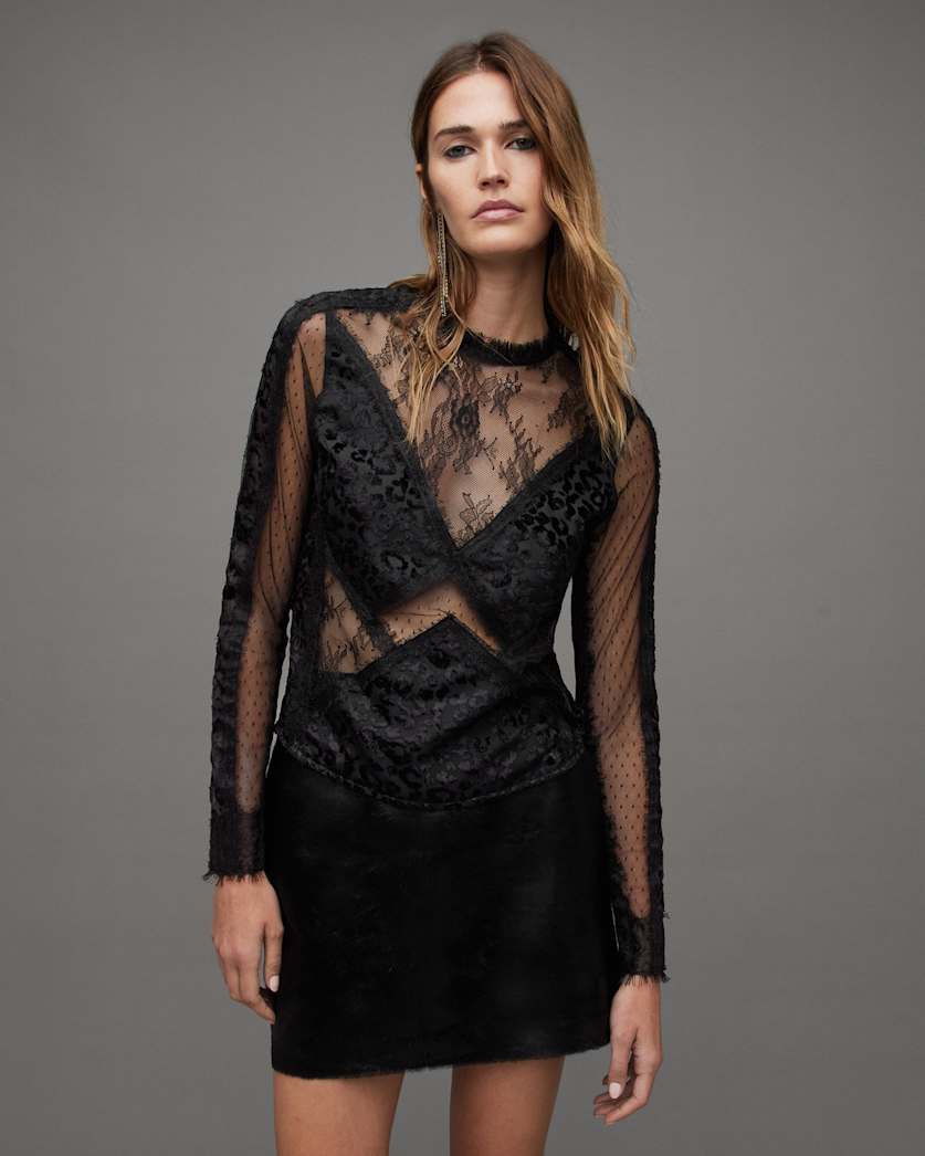 all saints Mila Lace Trim Leopard Print Mesh Top Black
