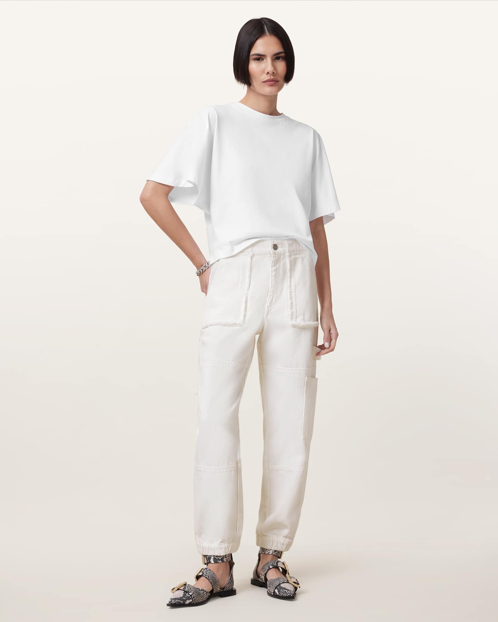 All Saints Mila Tapered Cargo Denim Pants Off White