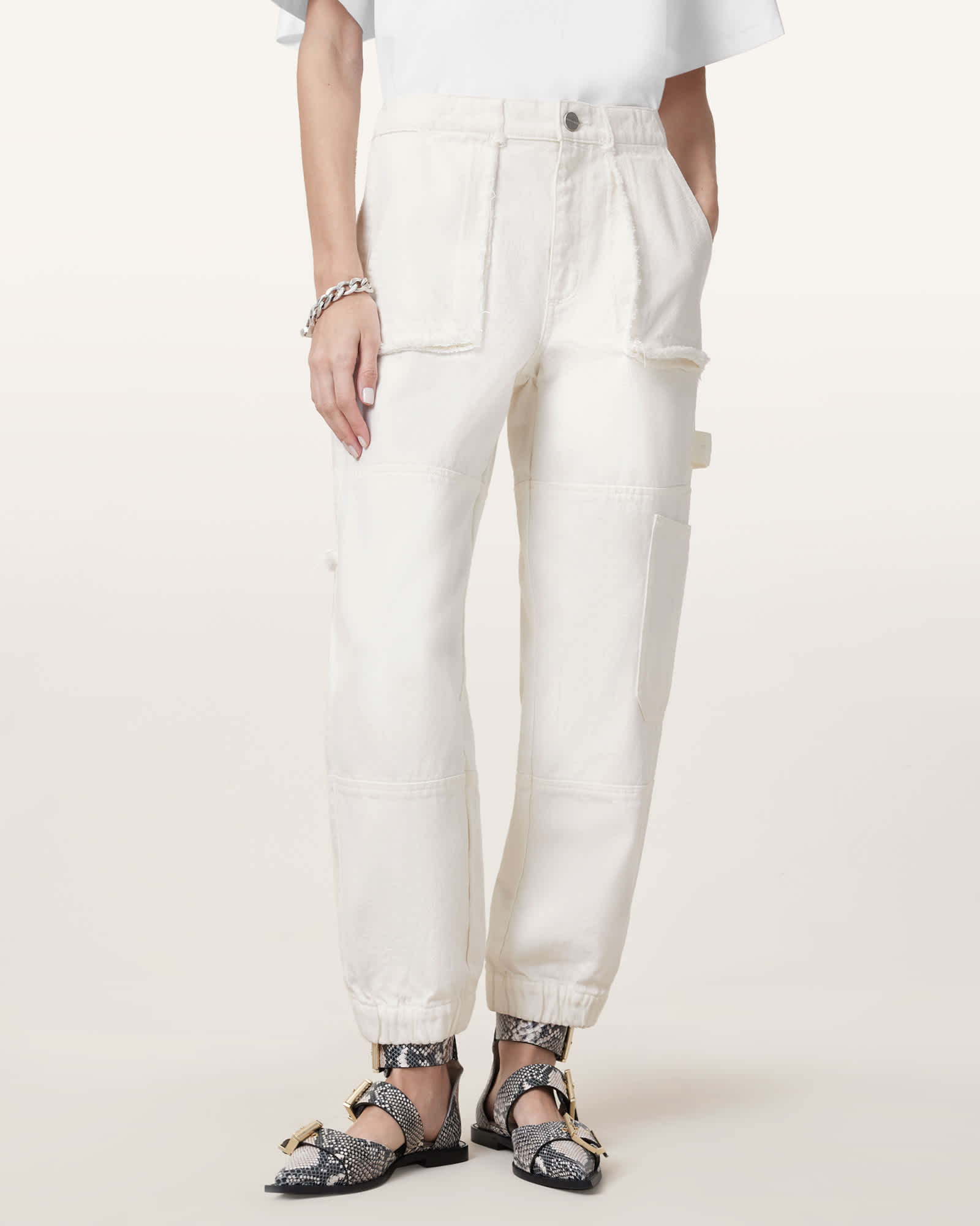 All Saints Mila Tapered Cargo Denim Pants Off White