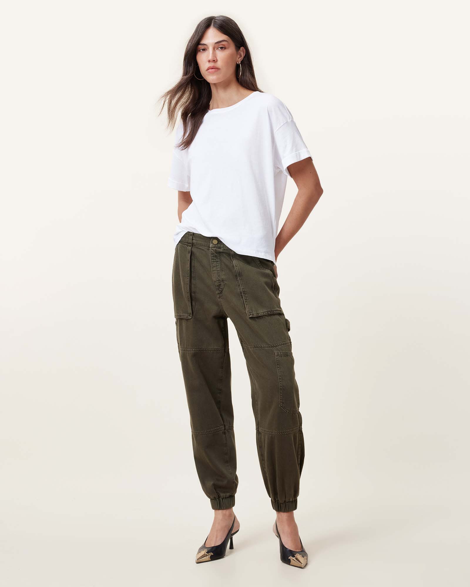 All Saints Mila Tapered Denim Cargo Pants Khaki Green