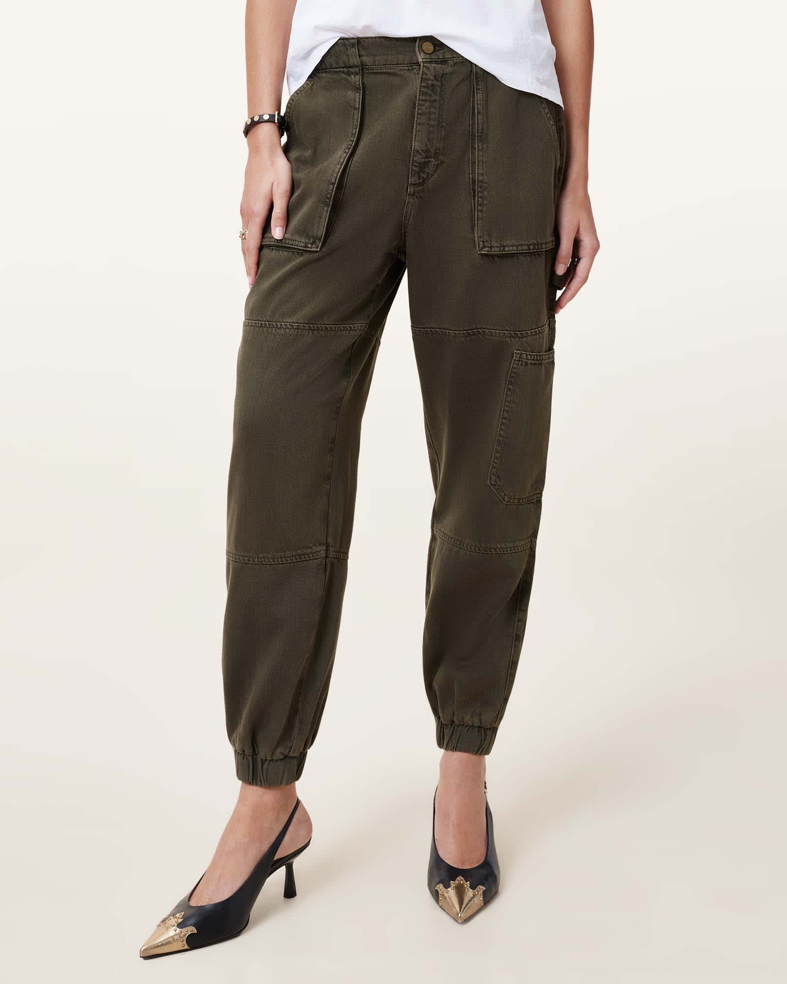 All Saints Mila Tapered Denim Cargo Pants Khaki Green