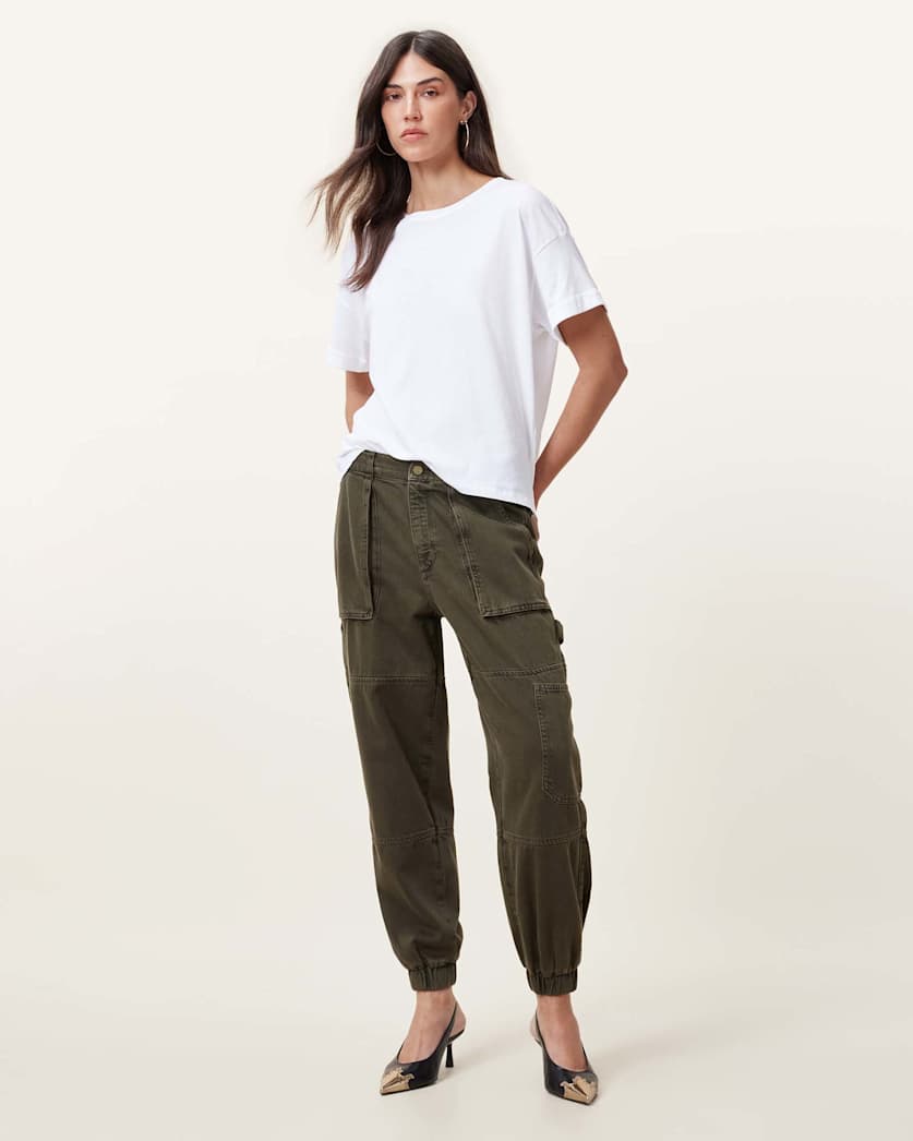 all saints Mila Tapered Denim Cargo Pants Khaki Green