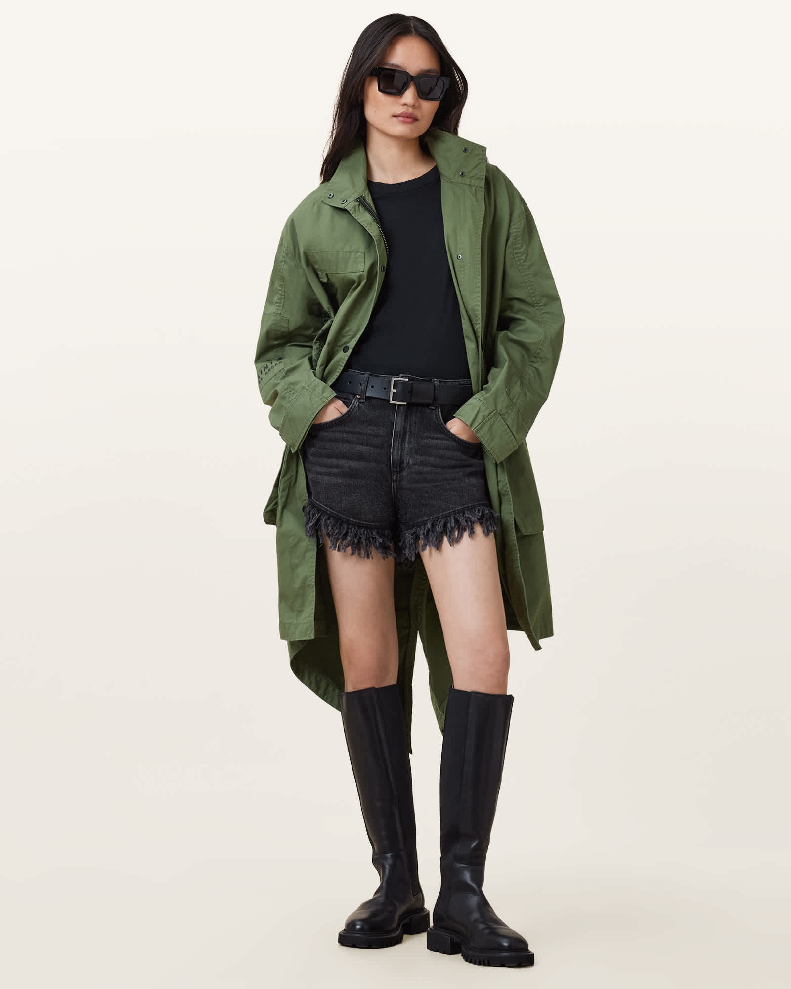 All Saints Milla Bird Print Parka Jacket Khaki Green