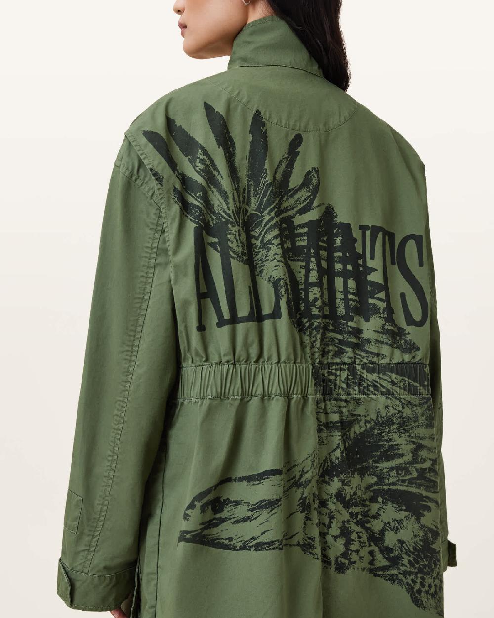 All Saints Milla Bird Print Parka Jacket Khaki Green