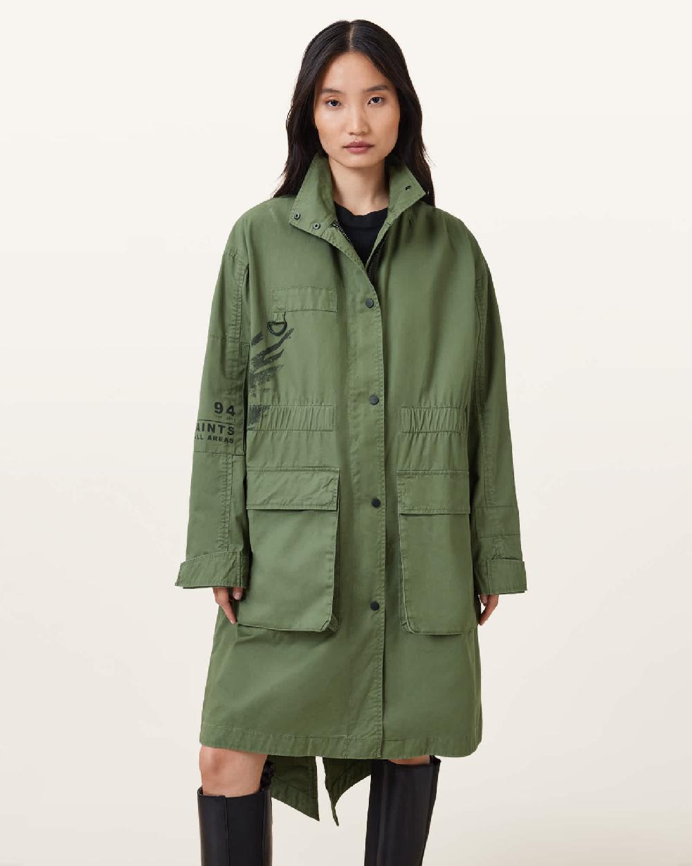 All Saints Milla Bird Print Parka Jacket Khaki Green