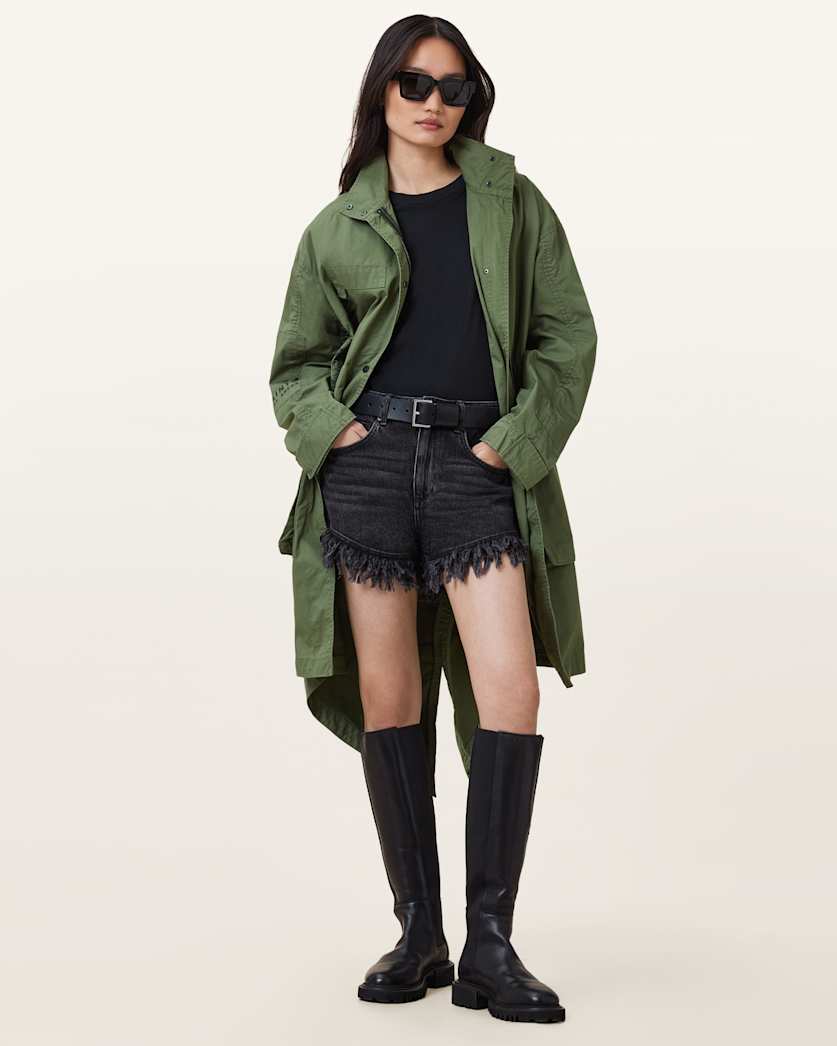 all saints Milla Bird Print Parka Jacket Khaki Green