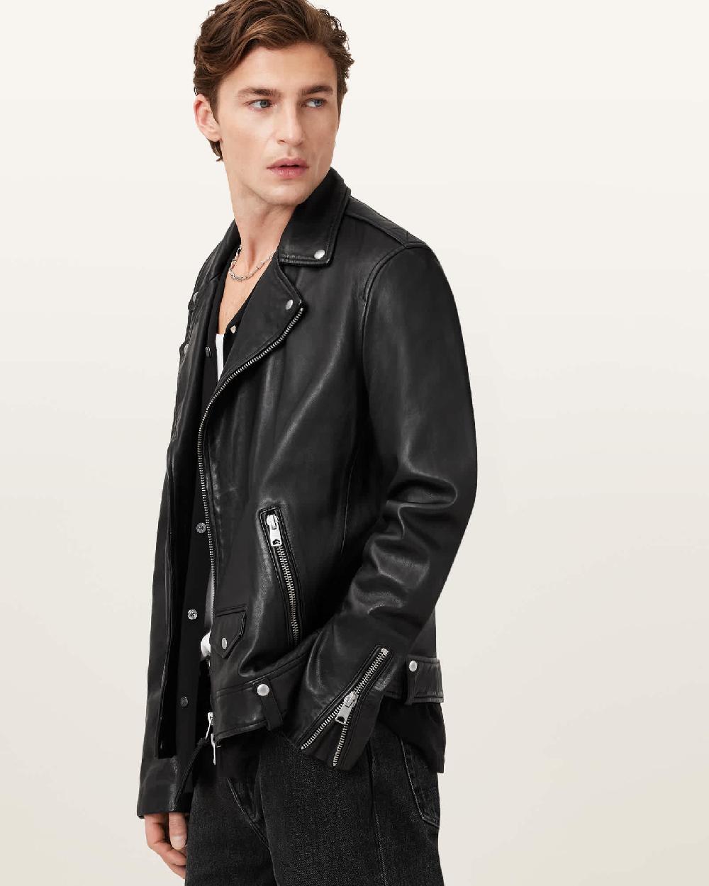All Saints Milo Asymmetric Zip Leather Biker Jacket Black