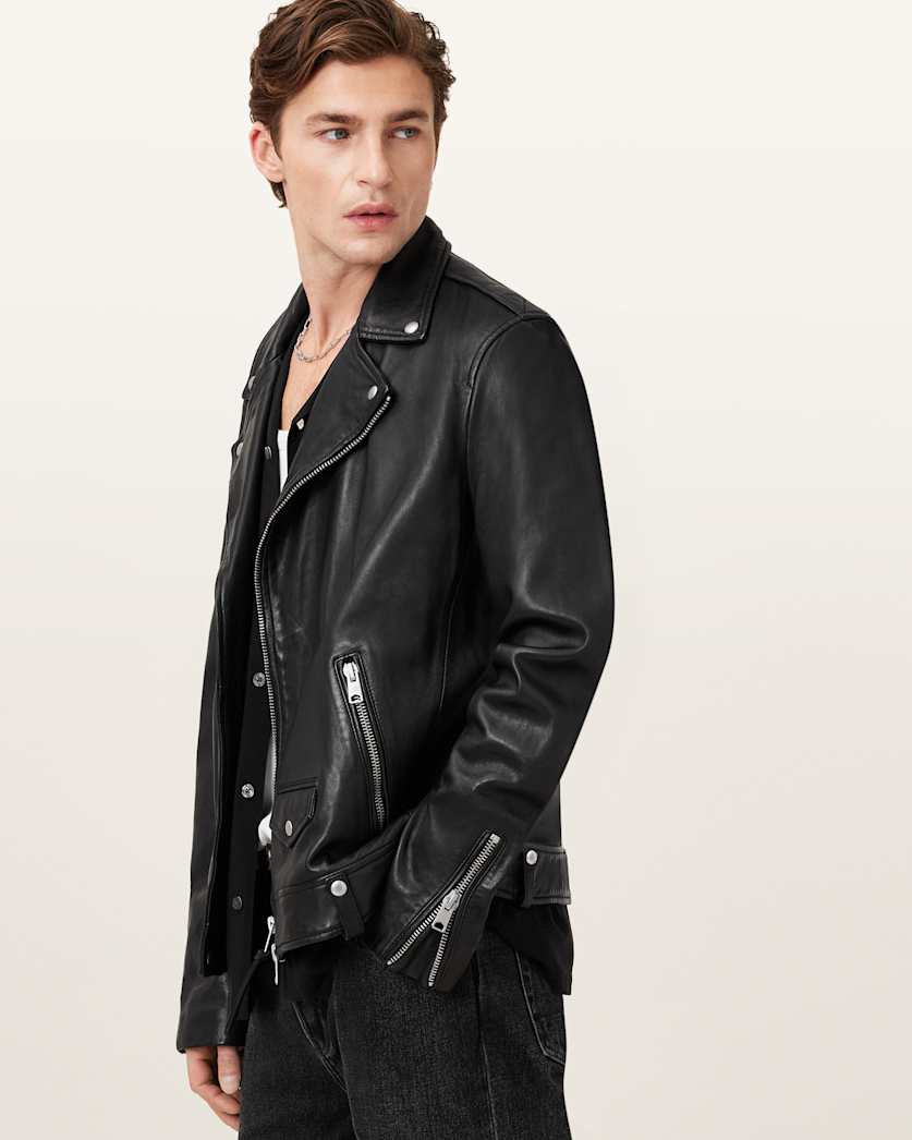 all saints Milo Asymmetric Zip Leather Biker Jacket Black
