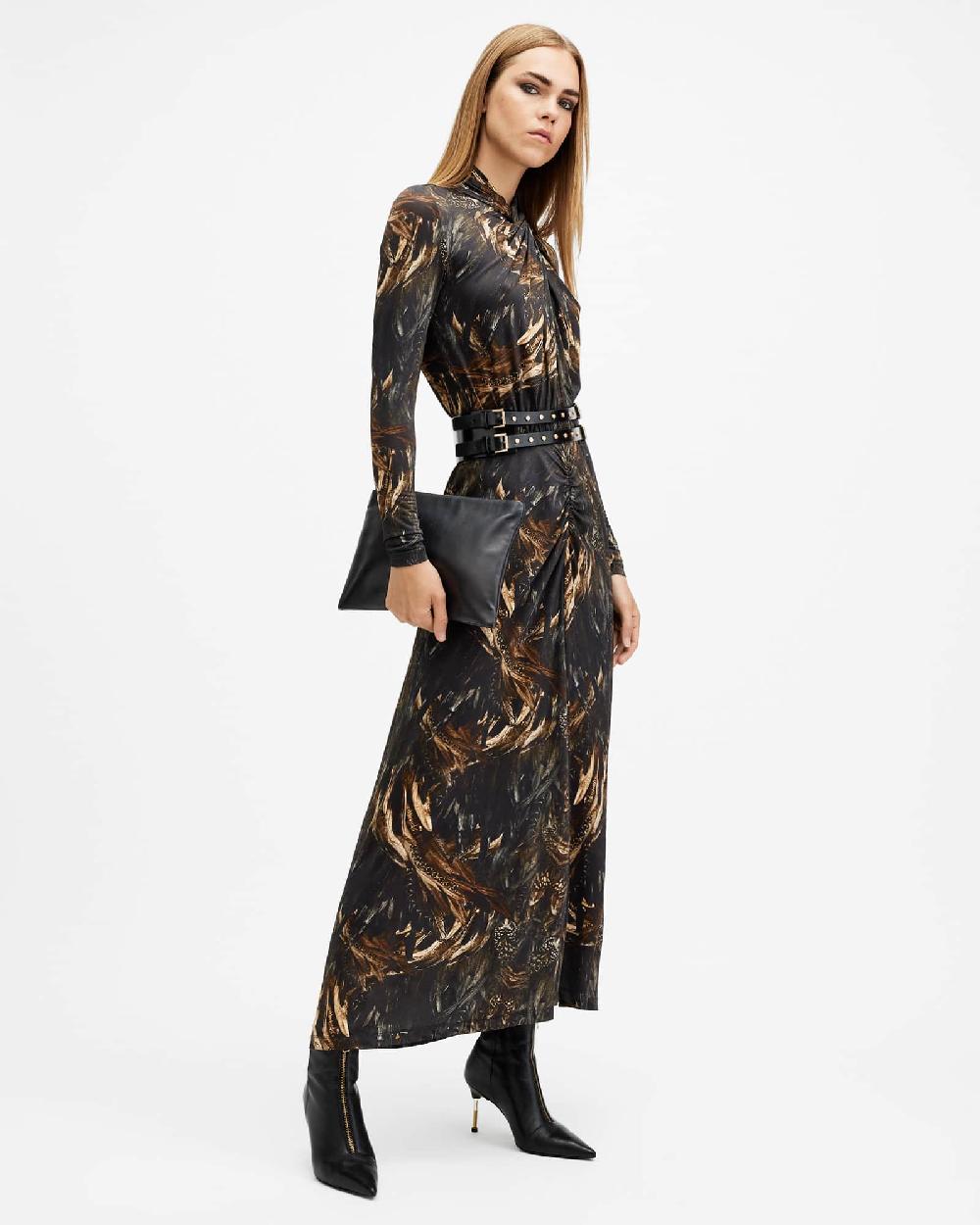 All Saints Mina Slim Fit Printed Maxi Dress Charm Black