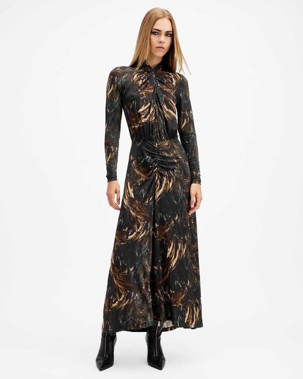 All Saints Mina Slim Fit Printed Maxi Dress Charm Black