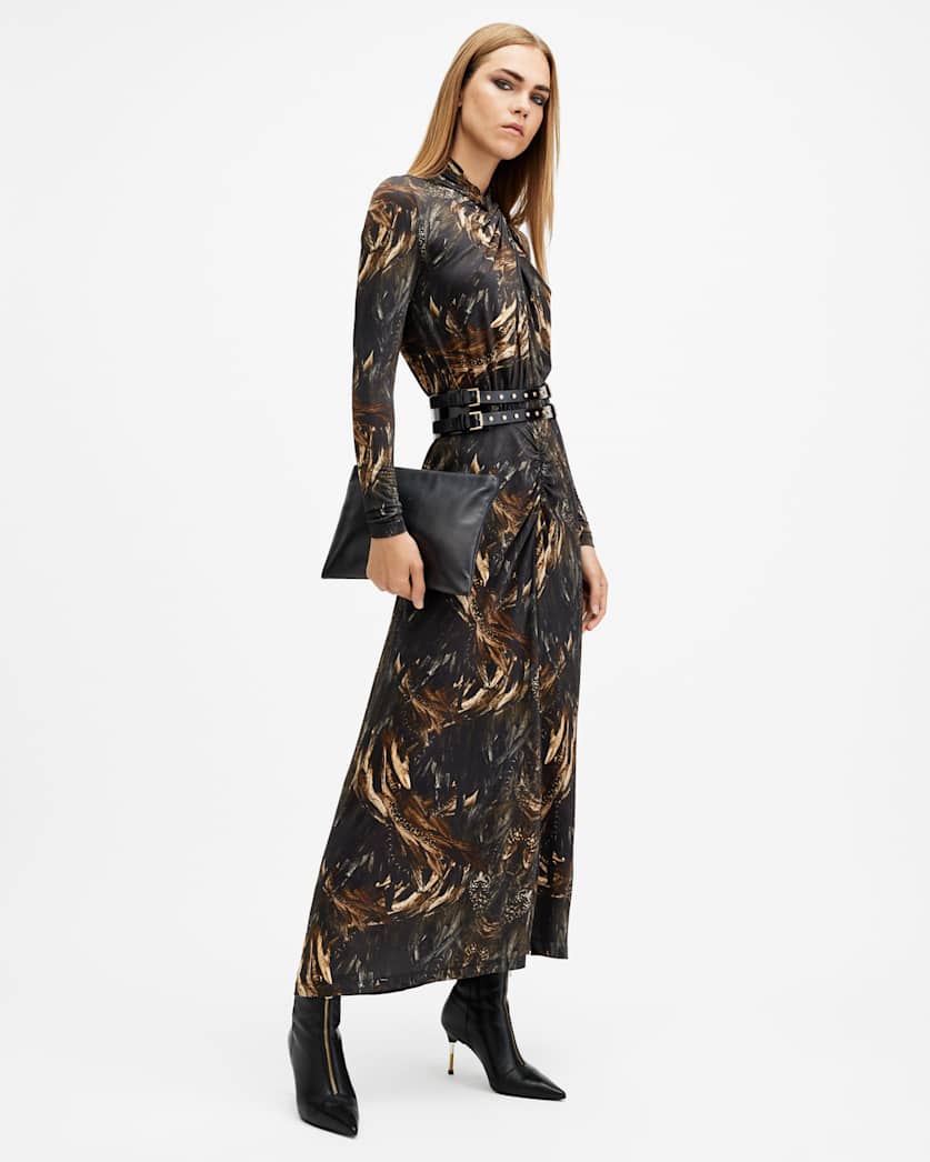 all saints Mina Slim Fit Printed Maxi Dress Charm Black