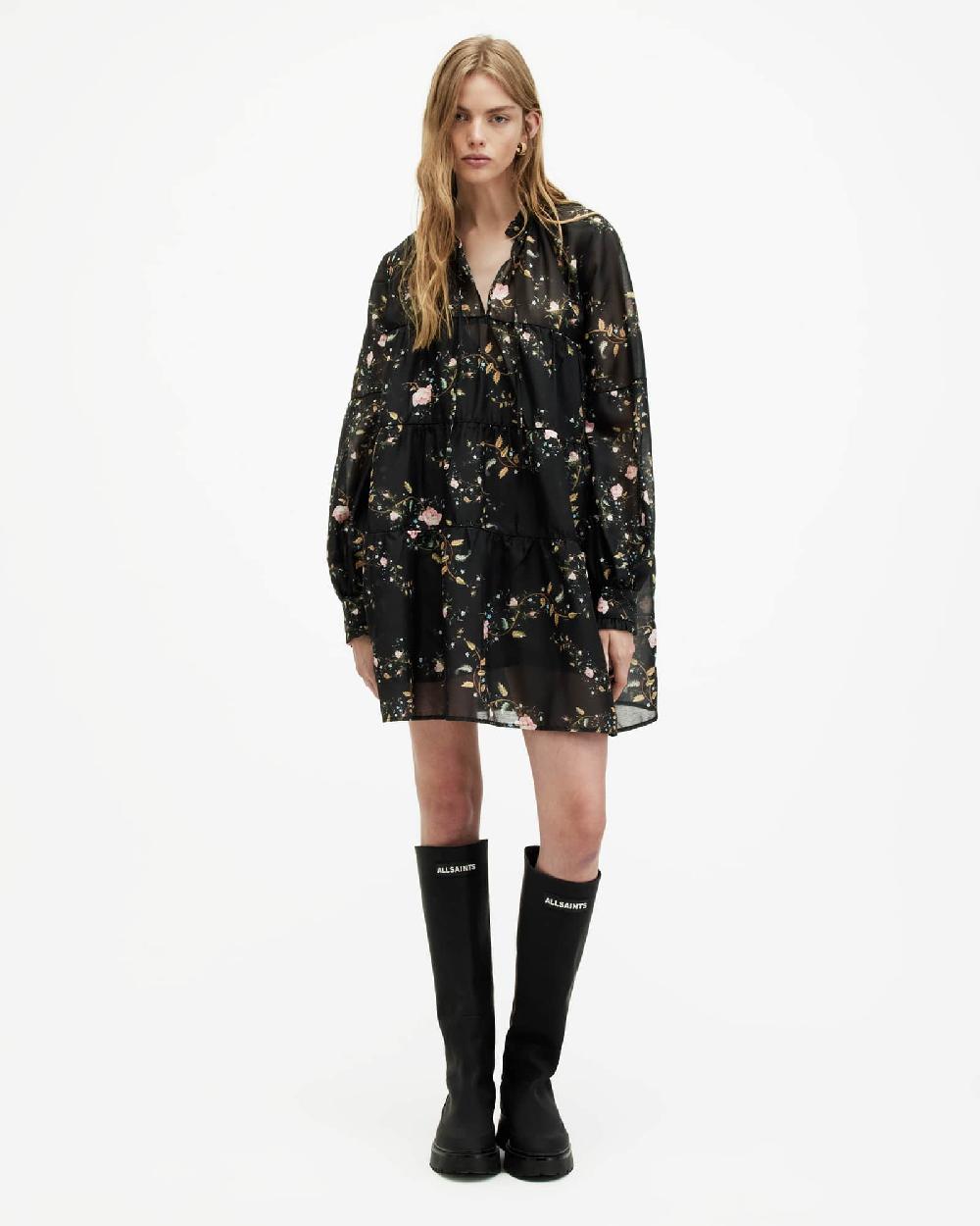 All Saints Mindy Oversized Oto Floral Mini Dress Black