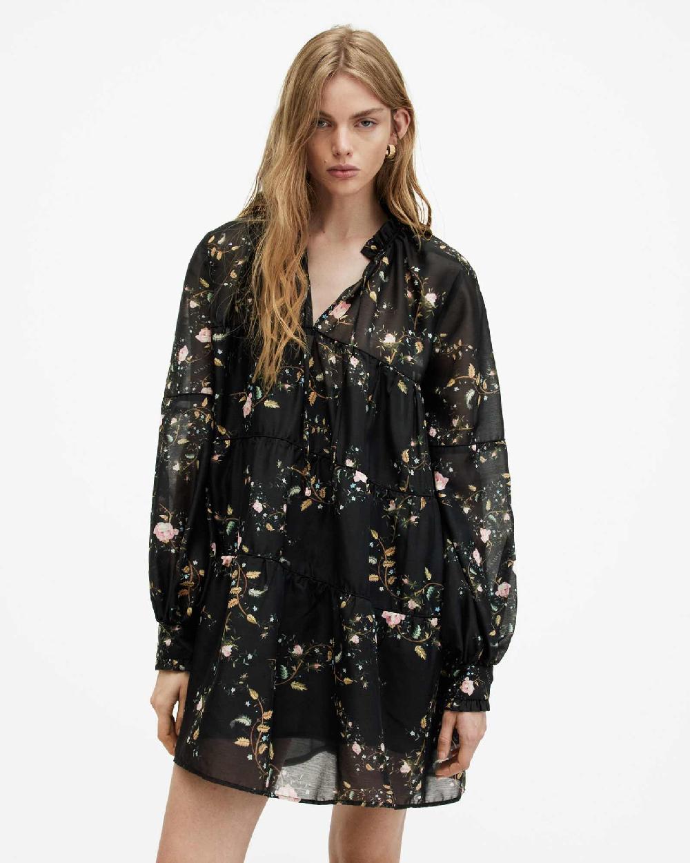 All Saints Mindy Oversized Oto Floral Mini Dress Black