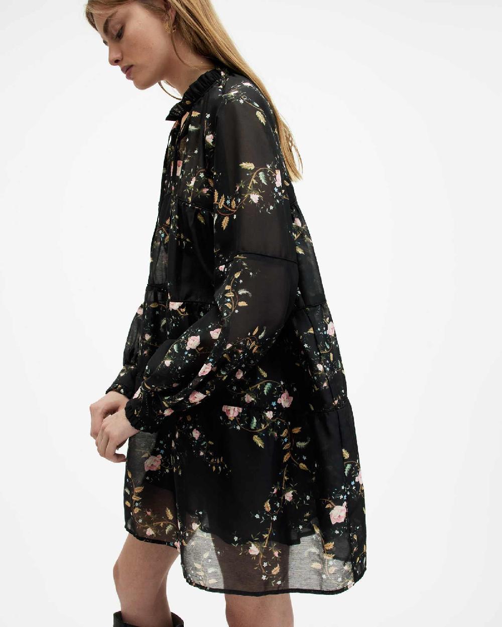 All Saints Mindy Oversized Oto Floral Mini Dress Black