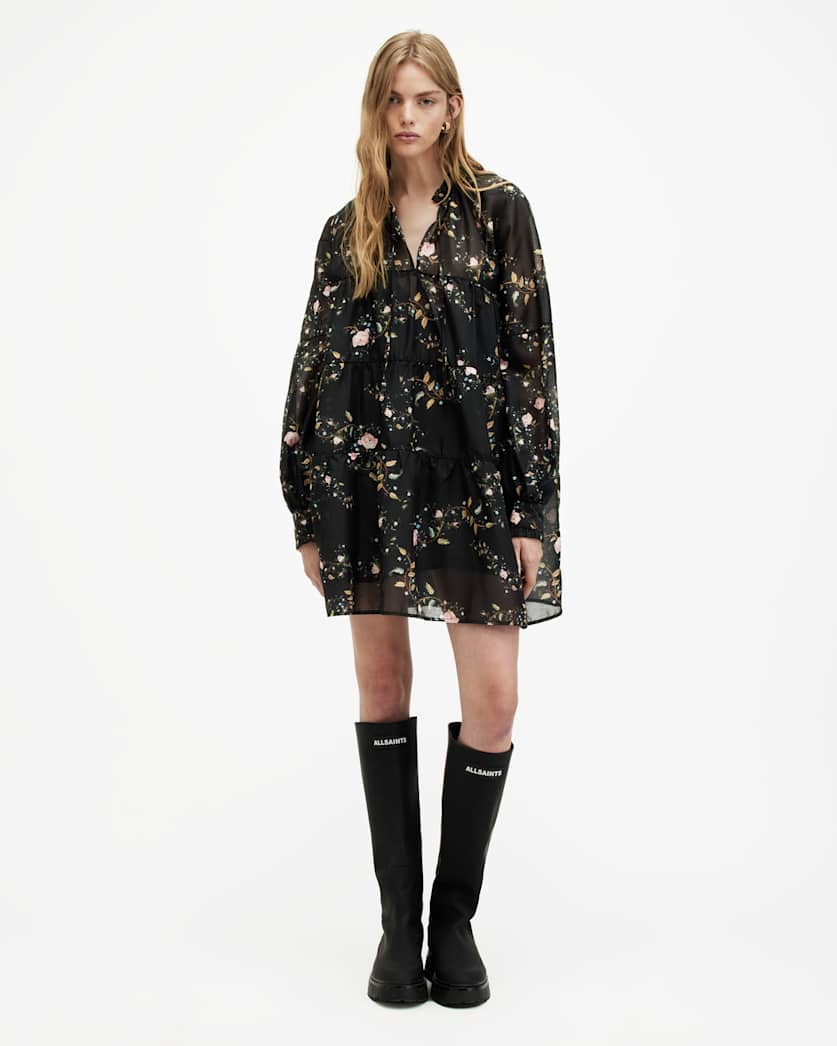 all saints Mindy Oversized Oto Floral Mini Dress Black