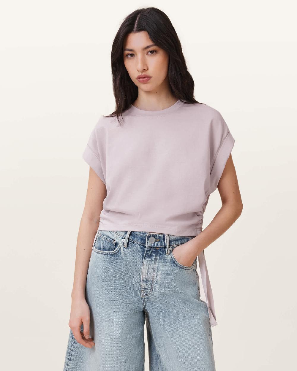All Saints Mira Cropped Drawcord T-Shirt Lilac/Ash/Pink