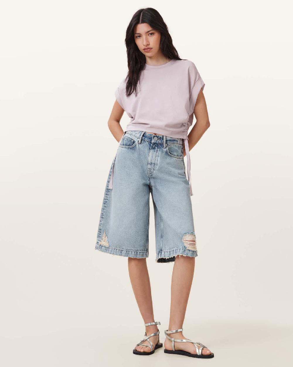 All Saints Mira Cropped Drawcord T-Shirt Lilac/Ash/Pink