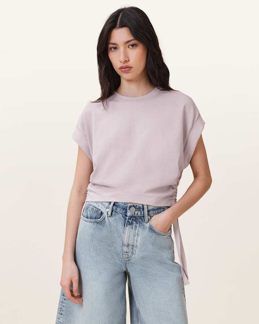 all saints Mira Cropped Drawcord T-Shirt Lilac/Ash/Pink