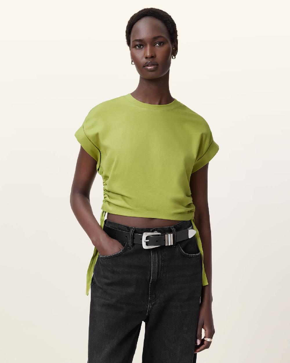 All Saints Mira Cropped Drawcord T-Shirt Unity Green