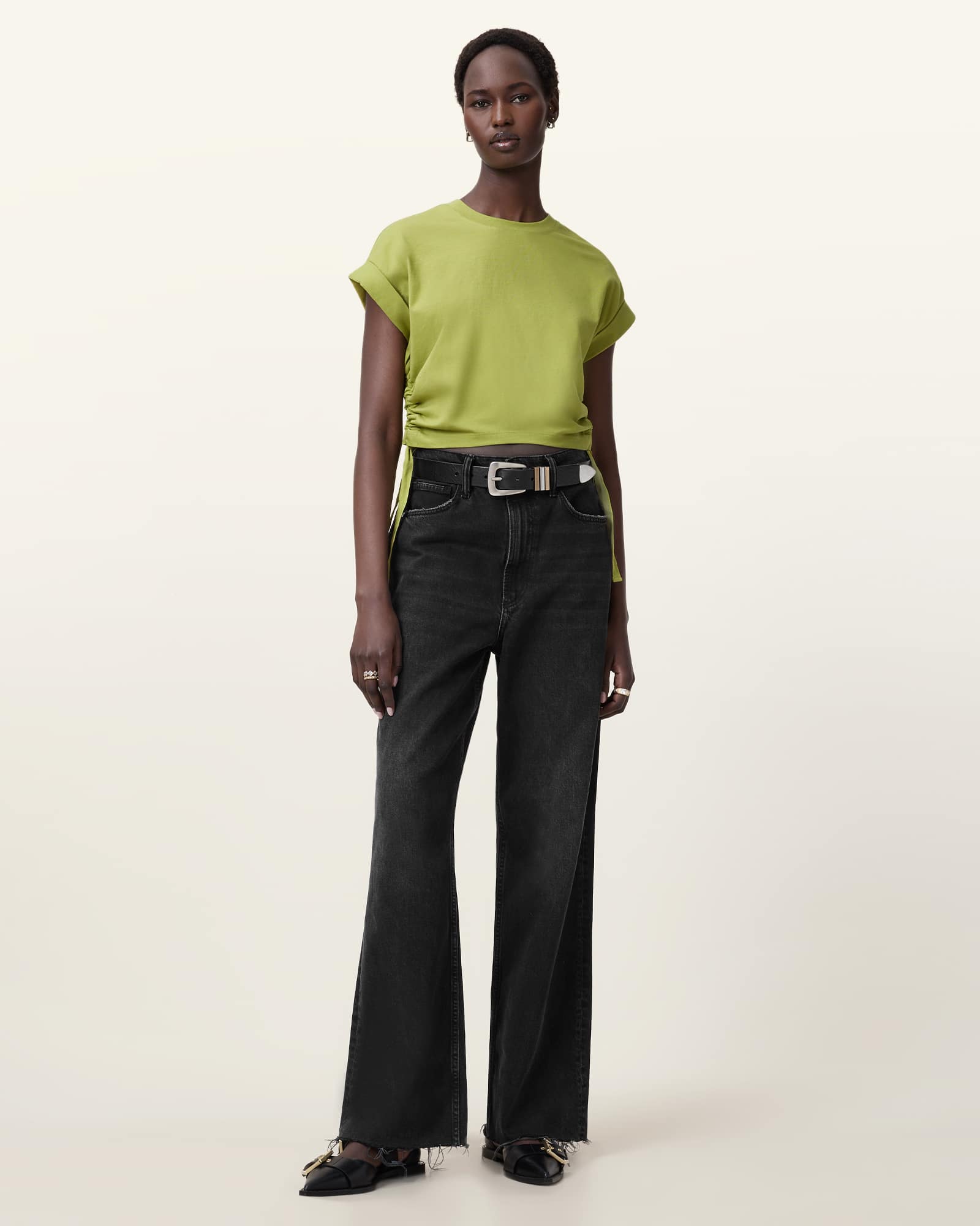 All Saints Mira Cropped Drawcord T-Shirt Unity Green