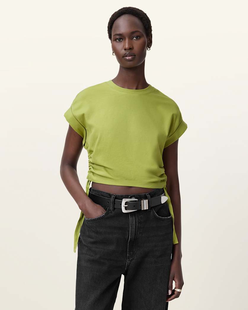 all saints Mira Cropped Drawcord T-Shirt Unity Green