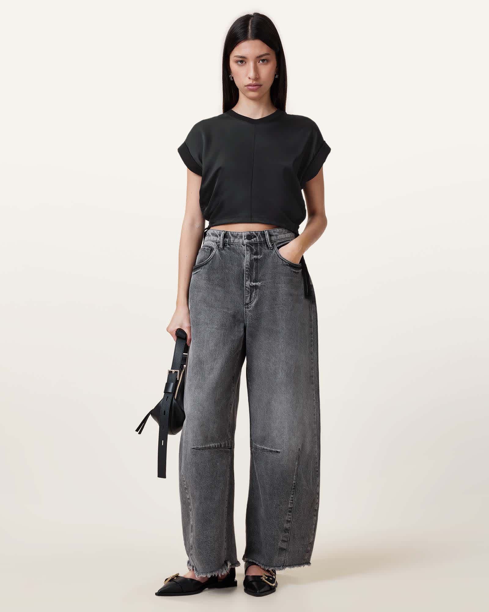 All Saints Mira Cropped Satin Drawcord T-Shirt Black