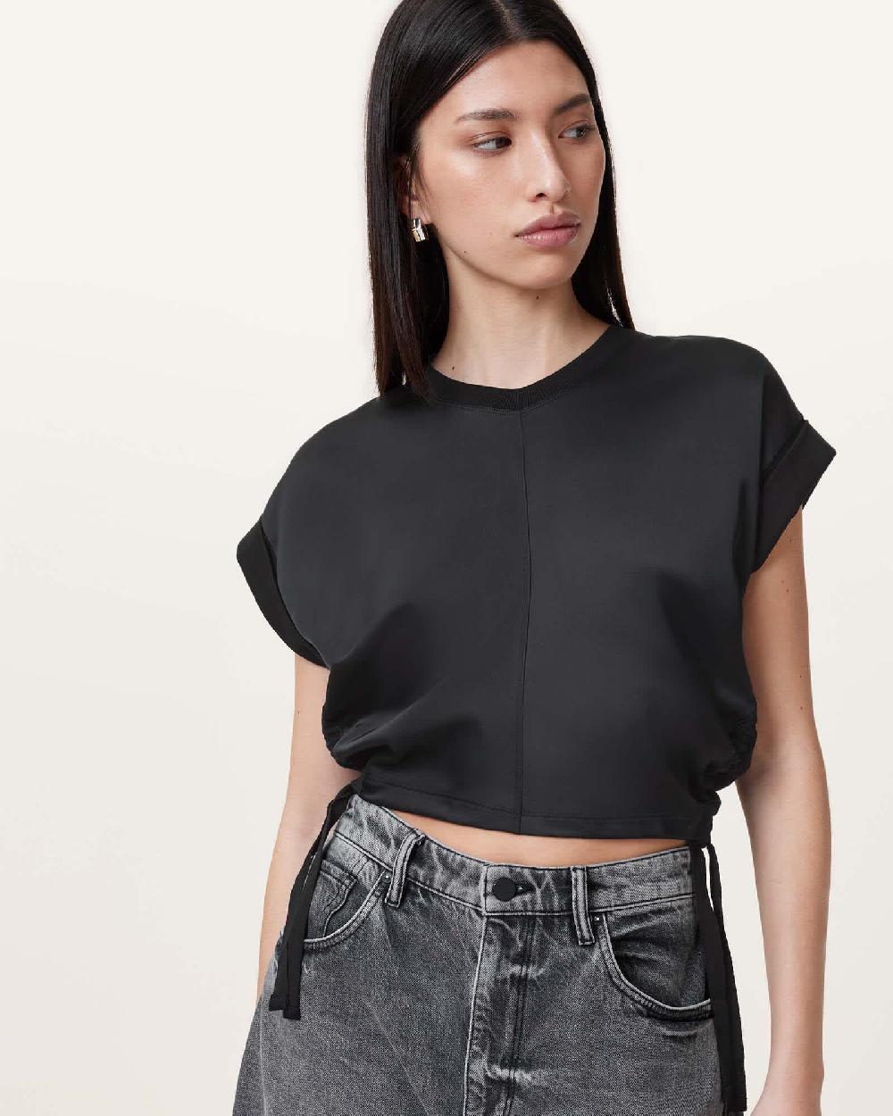 All Saints Mira Cropped Satin Drawcord T-Shirt Black