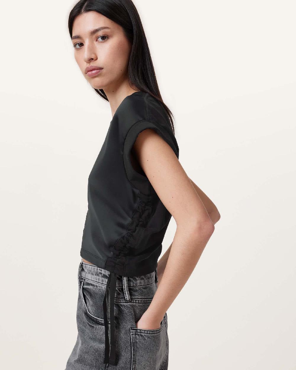 All Saints Mira Cropped Satin Drawcord T-Shirt Black