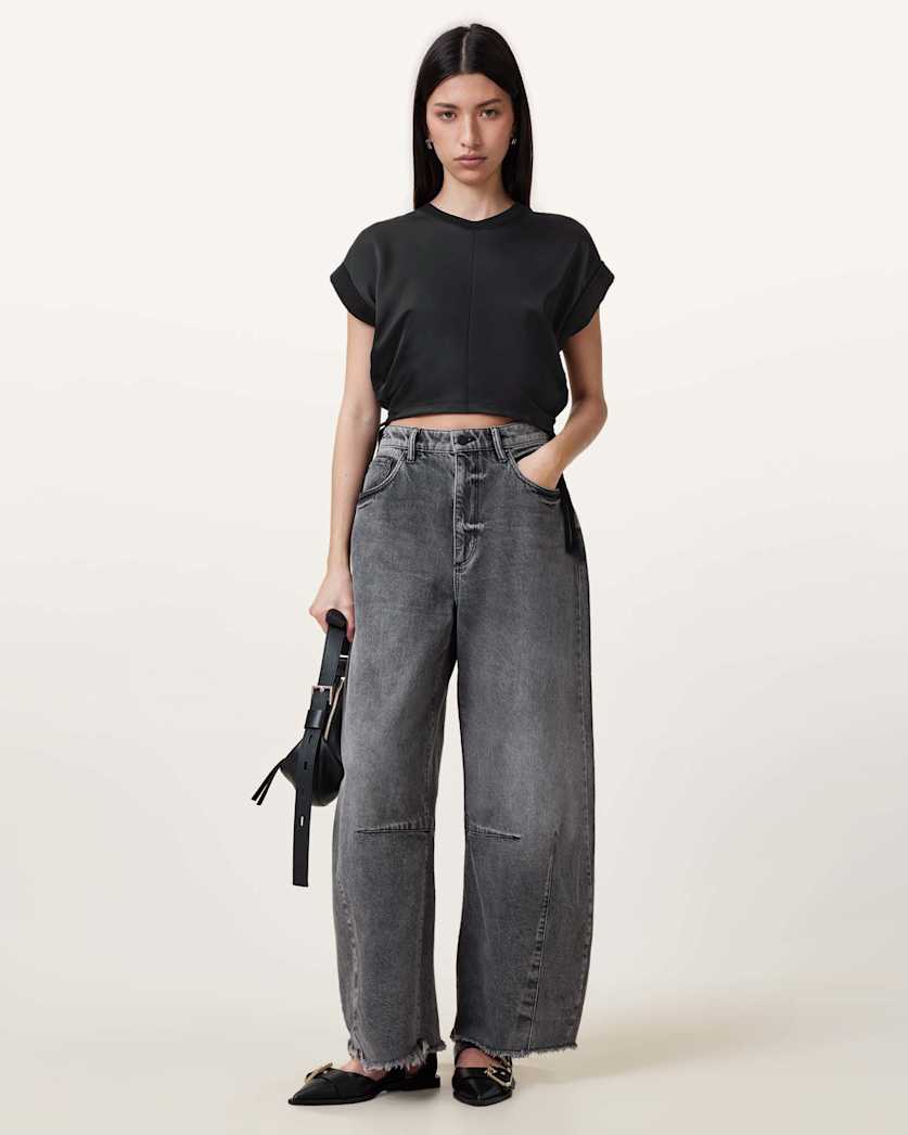 all saints Mira Cropped Satin Drawcord T-Shirt Black