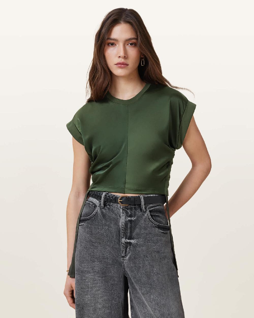 All Saints Mira Cropped Satin Drawcord T-Shirt Rifle Green