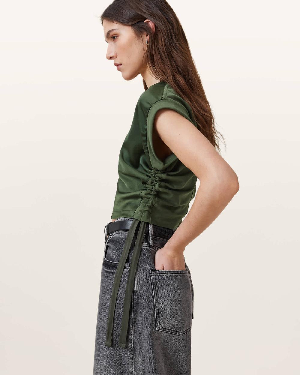 All Saints Mira Cropped Satin Drawcord T-Shirt Rifle Green